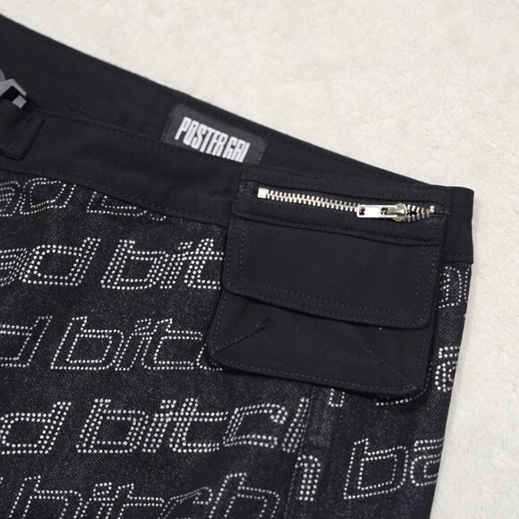 Poster Grl ✦ Black Denim Wrap Skirt ✦ Belted Pocket Text Print Size M NWT - Picture 4 of 13